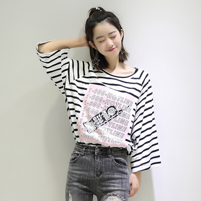

City Plus CITYPLUS College of Arts&Crafts Wind&white stripes letters printed half-sleeved T-shirt women CWTD173451 black&white stripes