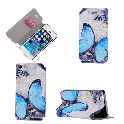 

Blue Butterfly Design PU Leather Flip Cover Wallet Card Holder Case for iPhone 5