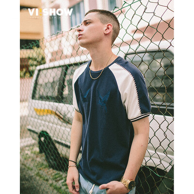 

Wei Xiu viishow short sleeves T-shirt male round neck collar embroidery men short t shirt TD13601721 navy XL