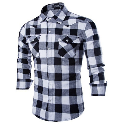 

geek men's shirt pure cotton grid casual gem buckle slim long sleeve