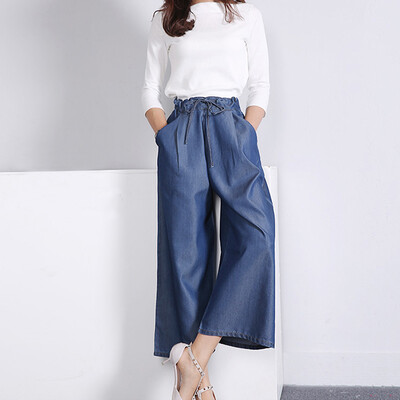 

VIVAHEART Korean casual loose waist large width loose wide leg pants Ms. nine points tiles pants VWKN172242 blue