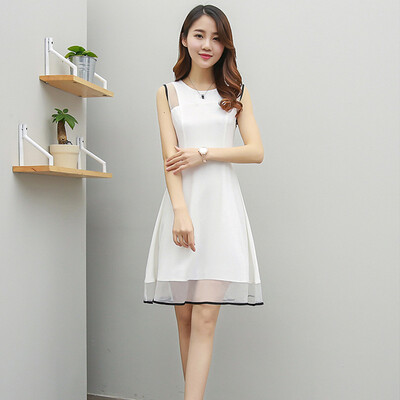 

Longyue Women&39s Wild Pure Color Dresses Temperament Round Collar Splicing Net Yarn Skirt LWQZ174213 White