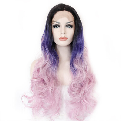 

Anogol 3 Tones Purple Mix Pink Ombre Black Roots Long Body Wave Wigs Synthetic Lace Front Wig