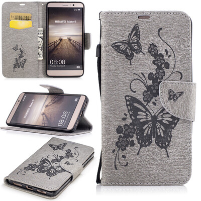 

Gray Butterfly Style Embossing Classic Flip Cover with Stand Function and Credit Card Slot for Huawei Mate 9