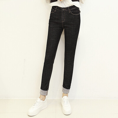 

KuoyiHouse 910 2017 new jeans women flanging nine pants black new high waist Slim thin thin side students wild little pants black