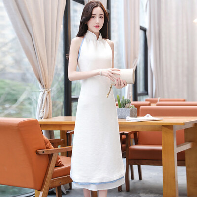 

Сибирская женщина 2017 лето белый cheongsam воротник воротник без рукавов висит шея темперамент высокая талия Slim платье S71R0604A7S белый S