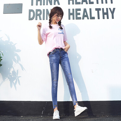 

VIVAHEART irregular cut cut trousers English embroidery nine points jeans female VWKN172437 blue 27