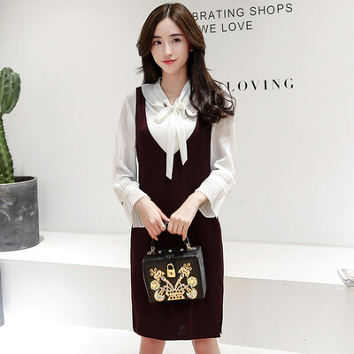 

Yutang morning 2017 spring Korean long-sleeved big-size dress female temperament wild commuter suit skirt S71R0263A3L wine red L
