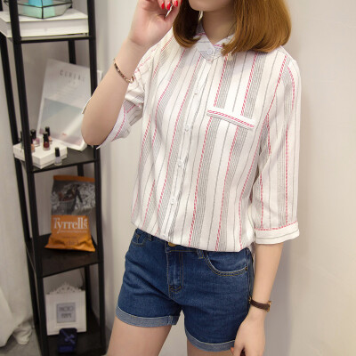 

VIVAHEART Korean casual fashion stripes cotton&linen shirt blouse VWCD174141 black stripes L