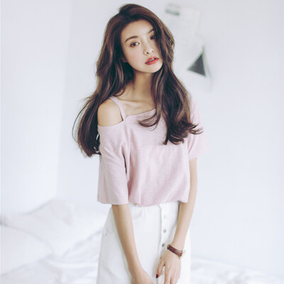 

VIVAHEART Sweet Loose Tank Top T-Shirt Bamboo Cotton Short Sleeve Round Collar Student VWQZ173432 Purple Powder
