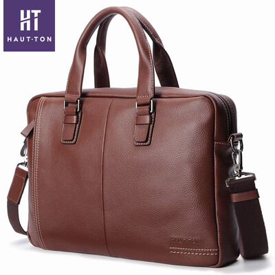

Haotton HAUTTON male bag handbag briefcase men business casual fashion first layer cowhide large capacity tide brand shoulder Messenger bag DB354 brown