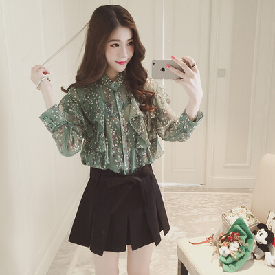 

sustory ladies 2017 spring section Korean version of the small fresh floral ear ear chiffon shirt long sleeves relaxed&elegant thin casual printing bottom shirt SU067 green