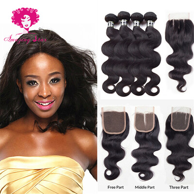 

Amazing Star Indian Virgin Hair 4 Bundles with Closure Body Wave Human Hair Bundles with 4x4 Closure Shedding Free Tangle Free