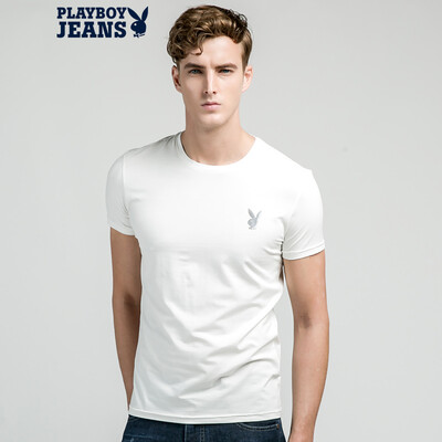 

Playboy PLAYBOYJEANS мужчин круглый шею с коротким рукавом футболки печать Тонкий сплошной цвет короткий рукав стрейч хлопка футболку Европейский стиль простое письмо белое летнее 71102004 L