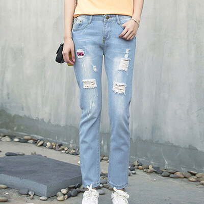 

Long Yue Women Korean College Wind Patch Buried Pants 9pcs Pants LWKN172424 Light Blue M