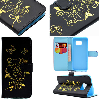 

Black Hot Stamping Foil Gold Design PU Leather Flip Cover Wallet Card Holder Case for Samsung GALAXY S7