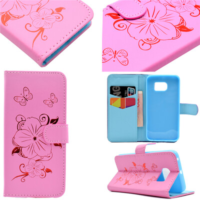 

Pink Hot Stamping Foil Gold Design PU Leather Flip Cover Wallet Card Holder Case for Samsung GALAXY S6 Edge