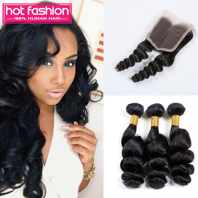 

Free Shipping 8A Brazilian Virgin Hair 3 Bundles With Closure Human Hair With Closure Brizilian Loose Wave With Closure On Sale