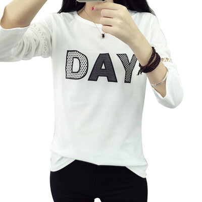 

Long Yue Women Korean version of the hollow long-sleeved T-shirt splicing sleeve round neck large yards primer LWTC172308 white M