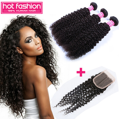 

Перуанские вьющиеся волосы 3 комплекта с закрытием Curly Weave Расширения человеческих волос Глубокие курчавые перуанские волосы Virgin с закрытием