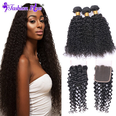 

Fashion Plus Hair Kinky Curly Lace Closure with Bundles Brazilian Virgin Hair With Closure Human Hair Weave 3Bundles With Closure