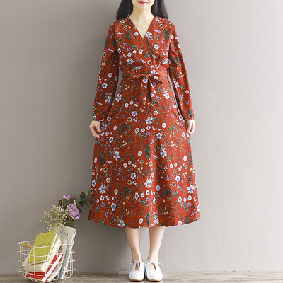 

CITYPLUS Arts & Crafts Long Sleeve Loose Base Chiffon Floral Dress CWQZ172454 Color L