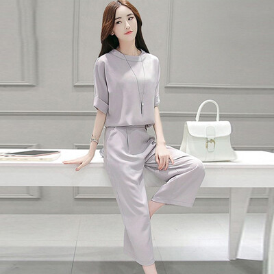

Siberian Woman 2017 Summer Gray Short Sleeve Tunic Collar High Waist Harlan Wide Leg Pants Set Spring S72R0251A11XL Gray