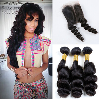 

8A Peruvian Virgin Hair Loose Wave 3 Bundles With Lace Closure Ccollege Hair Products Unprocessed Puruvian Human Hair Bundles