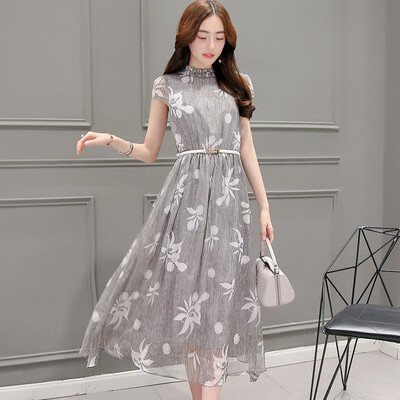 

A morning 2017 new summer dress waist short-sleeved lotus leaf collar print temperament holiday long skirt S72R0488A11M gray
