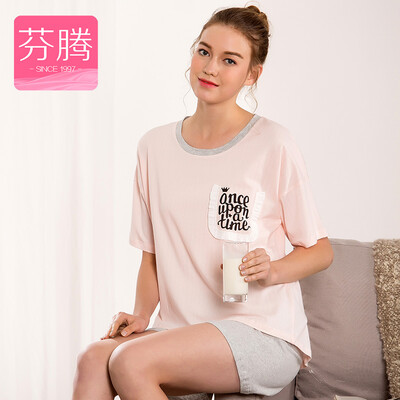

Fen Teng FENTENG underwear pajamas summer 2017 new stitching pocket round neck shorts short sleeve suit home service female X9723622 pink XXL