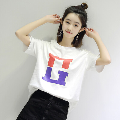 

City Plus CITYPLUS Arts & Crafts Loose Round Collar Letter Color Printing T-Shirt CWTD173454 White L