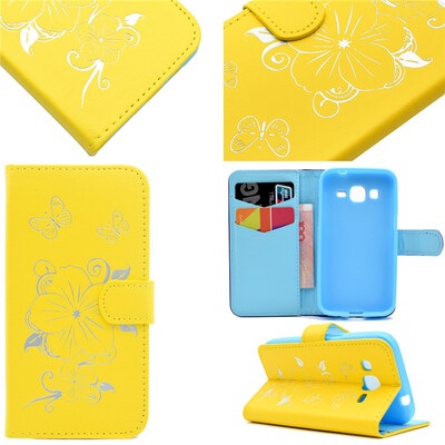 

Yellow Hot Stamping Foil Gold Design PU Leather Flip Cover Wallet Card Holder Case for Samsung GALAXY CORE Prime G360