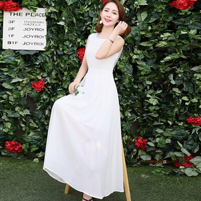 

Siberian woman 2017 summer Korean version of the long skirt Slim was thin temperament simple round neck large women&39s sleeveless dress S72R0020A7M white