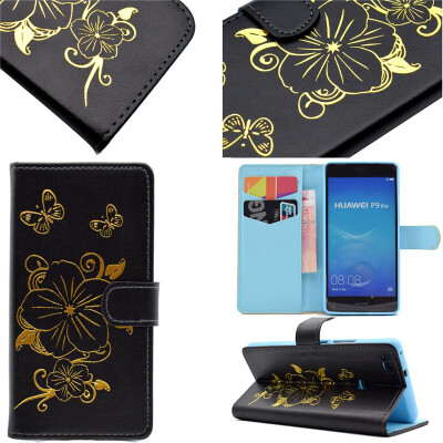 

Black Hot Stamping Foil Gold Design PU Leather Flip Cover Wallet Card Holder Case for Huawei P9 Lite