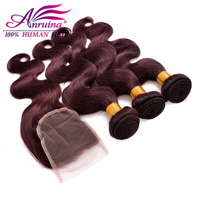 

8A 99j Brazilian Hair Weave Bundles 99J Brazilian Virgin Hair Body Wave Red Color Human Hair 3 Bundles With Lace Closure