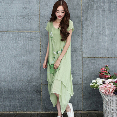 

Sibai homes 2017 Chinese wind summer big size women&39s dress fashion loose loose short-sleeved long skirt S62Q0023A4XL green