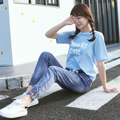 

VIVAHEART elastic waist elastic trousers casual high waist belt jeans pants female VWKN172438 blue 27