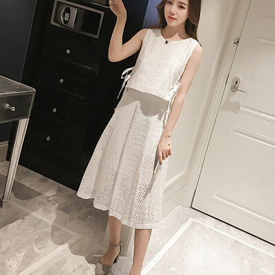 

Long Yue Women&39s hollow solid color sleeveless dress simple wild two-piece set LWQZ174106 white
