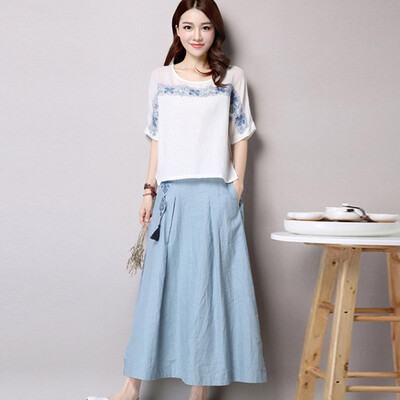 

A pond morning 2017 summer piece suit dress women large size loose round neck short sleeve T shirt wild simple skirt S72R0052A678S on the white under blue S