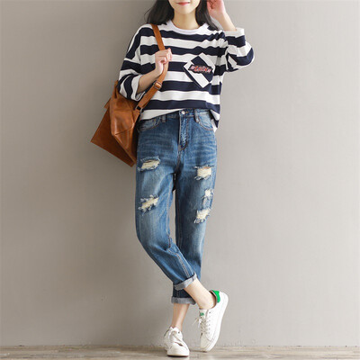 

CITYPLUS Arts&Culture Women&39s high waist harem pants casual pants loose holes jeans nine points beggars pants CWKN172352 blue