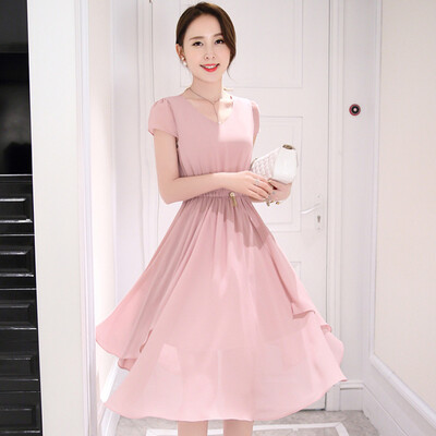 

Siberian woman 2017 pink round neck ladies short sleeve temperament high waist chiffon dress (with pin) S72R0049A26M pink M