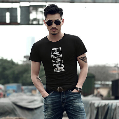 

MAZOE Korean printing fashion male models tide ride short sleeve Slim shirt T-shirt M1703 black