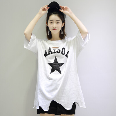 

City plus CITYPLUS art casual irregular hem in the long paragraph five-pointed star print T-shirt female CWTD173452 white L