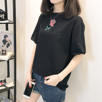 

VIVAHEART Korean casual fashion rose print T-shirt round neck short sleeve jacket female VWTD174132 black M