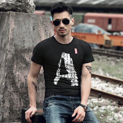 

MAZOE letter printing retro Chinese wind men's models Slim stretch short sleeve T-shirt M1707 black