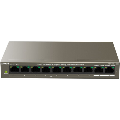 

Tenda (Tenda) TEF1110P-8-102W 8-портовый сетевой коммутатор 100M PoE Сетевой сплиттер сетевого мониторинга (8 +2 Gigabit uplink)