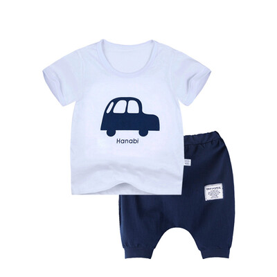 

Yue Tong Lai children's suit summer boy short-sleeved T-shirt harem pants suit summer Y0015 white car 130