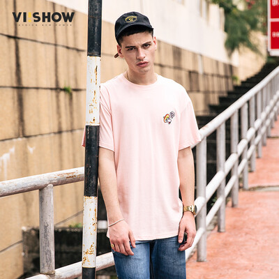 

Wei Xiu viishow round neck collar short sleeve T-shirt male casual men's embroidery short T solid color T-shirt TD14371721 pink L