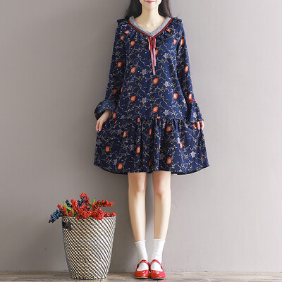 

CITYPLUS Arts & Crafts Relaxation Chiffon Print Speaker Sleeve Dress CWQZ172458 Blue L
