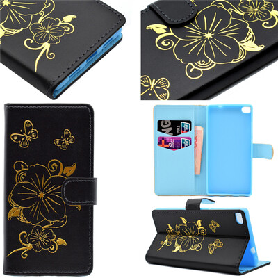 

Black Hot Stamping Foil Gold Design PU Leather Flip Cover Wallet Card Holder Case for Huawei Ascend P8